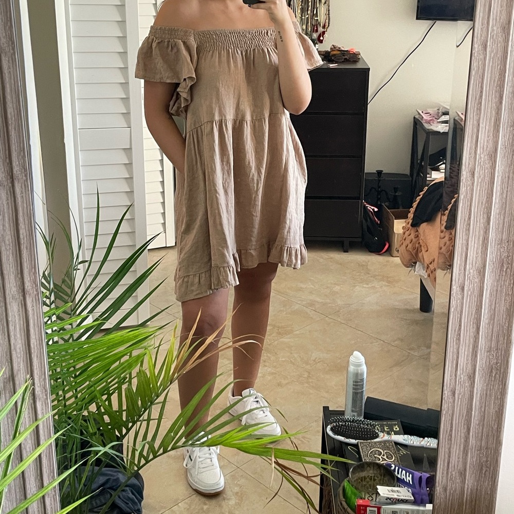 LINEN Beige Off the Shoulder Dress with pockets